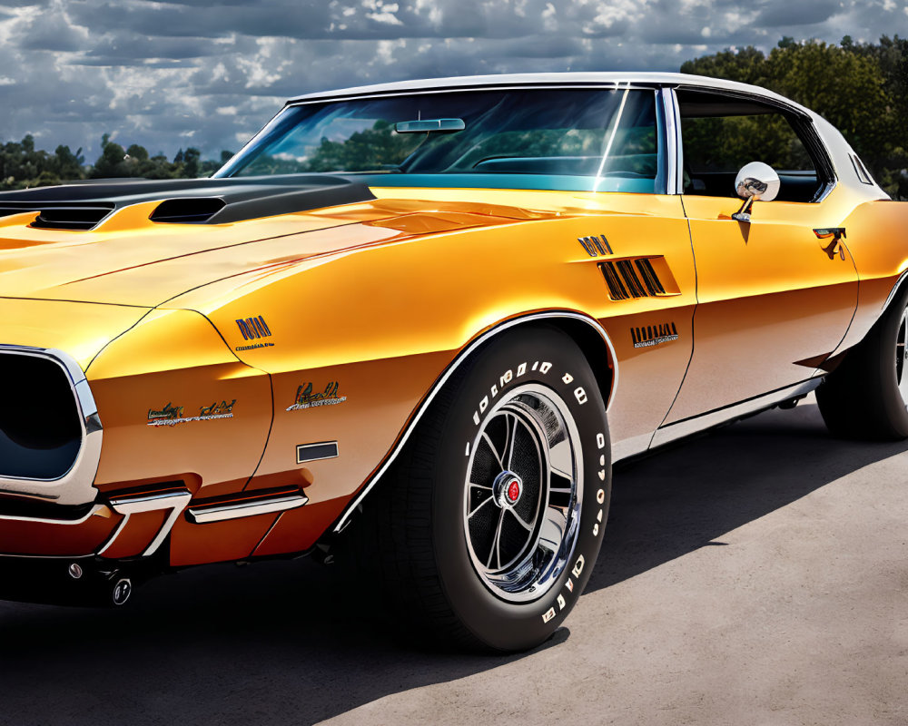 Glossy orange and black classic muscle car with chrome details and racing stripes