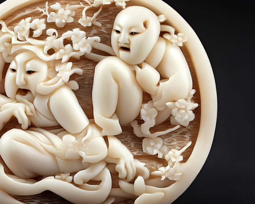 Intricately Carved Ivory Netsuke with Two Figures and Floral Accents