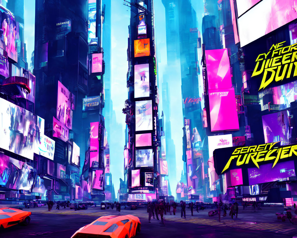 Futuristic cityscape with neon signs, skyscrapers, and flying cars at dusk