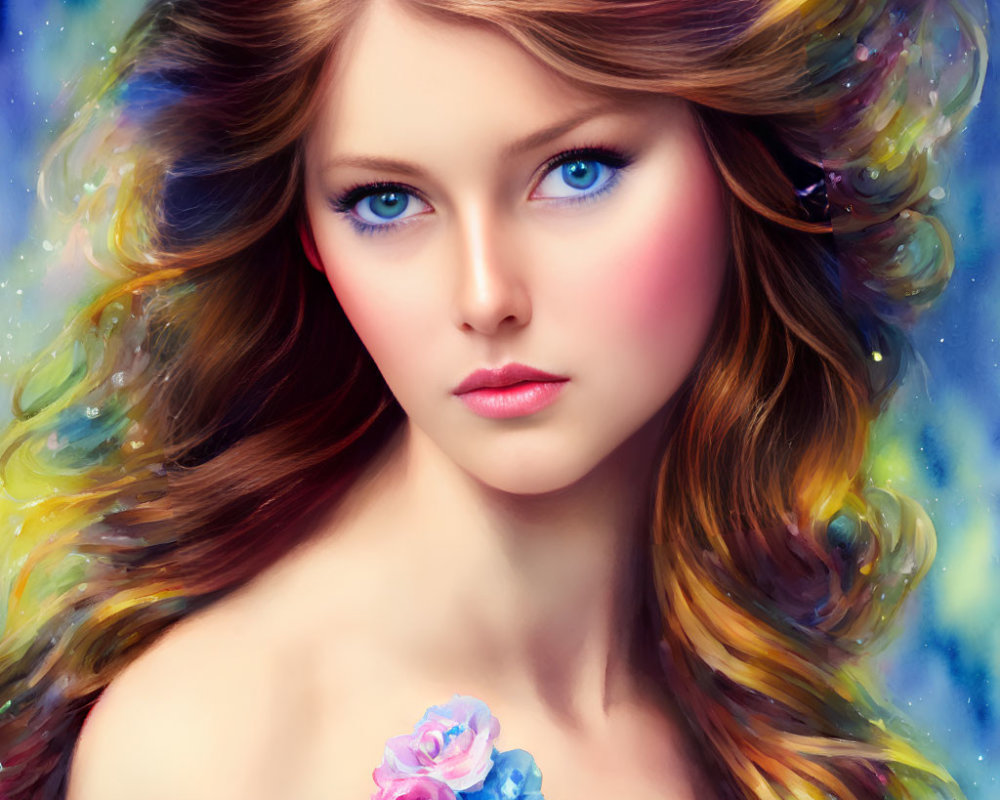 Digital Art Portrait: Woman with Blue Eyes, Cosmic Hair, and Roses