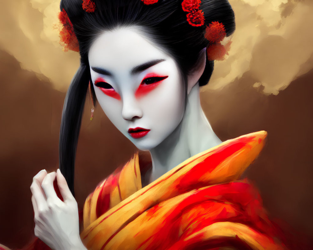 Pale-skinned woman with red eye makeup and dark hair adorned with red flowers in warm-toned illustration