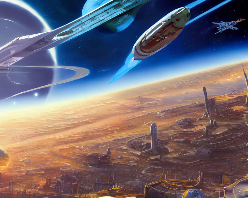 Futuristic sci-fi scene with spaceships over alien city