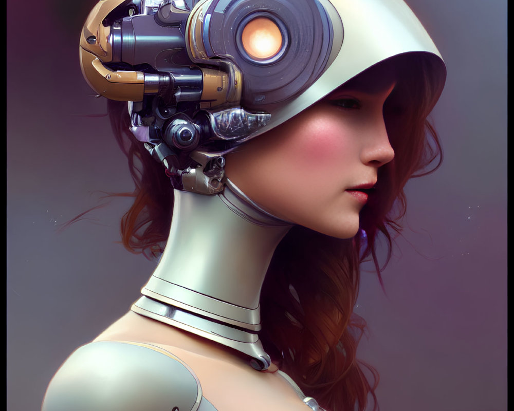 Female android portrait with advanced orange helmet on muted background