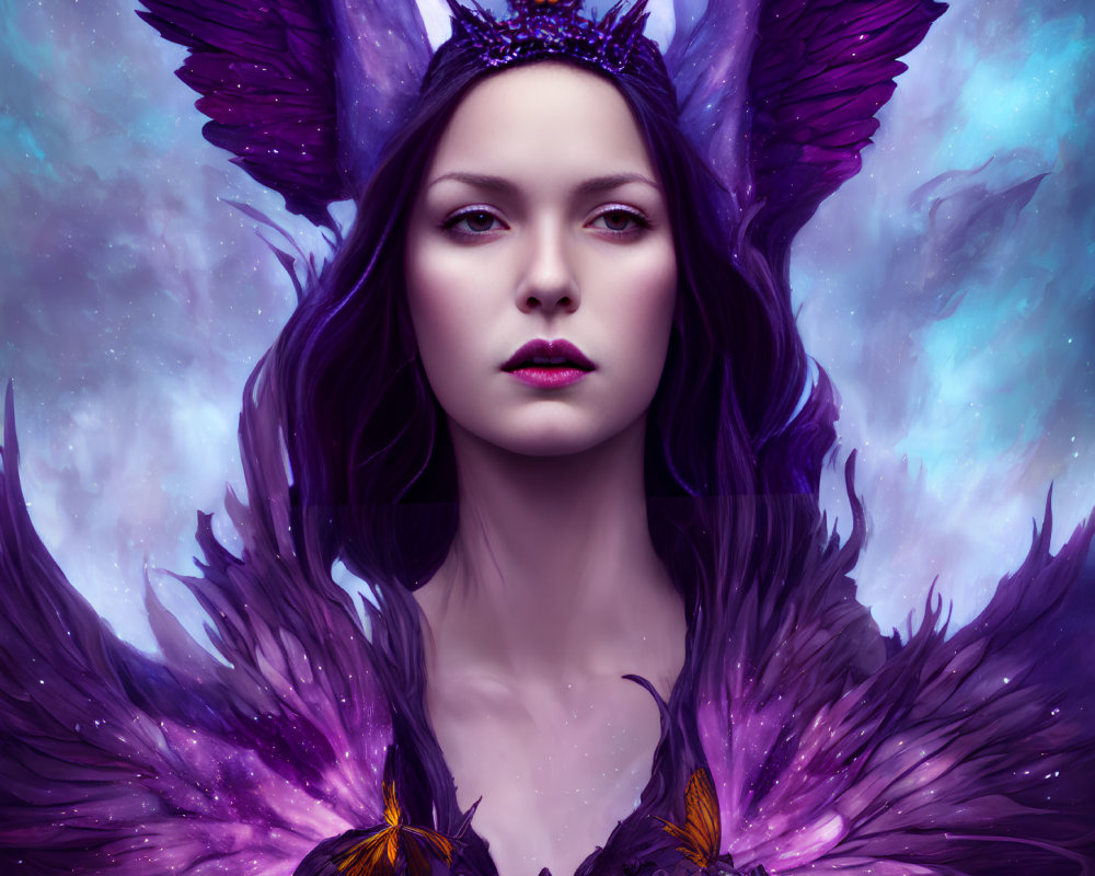 Regal woman with purple feathered wings and crown in mystical violet backdrop