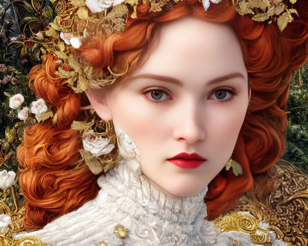 Portrait of Woman with Red Hair and Floral Crown Against Rose Backdrop