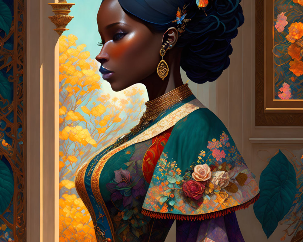 Dark-skinned woman in blue headscarf and floral dress with autumn backdrop.
