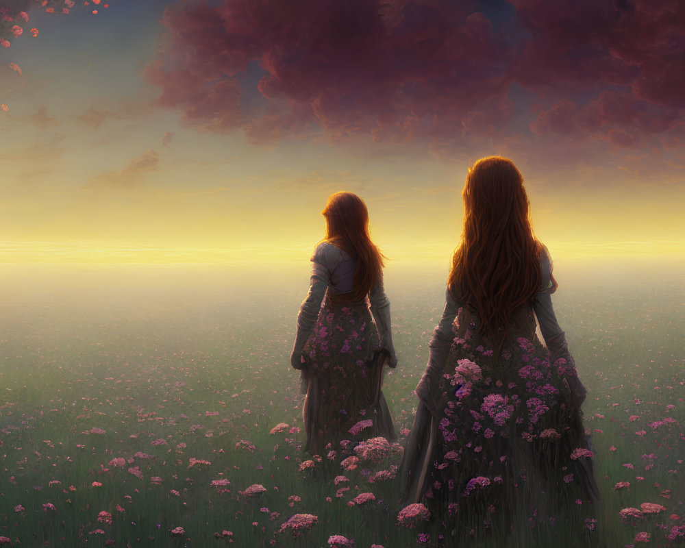 Two Women in Medieval Dresses in Flower Field at Sunset