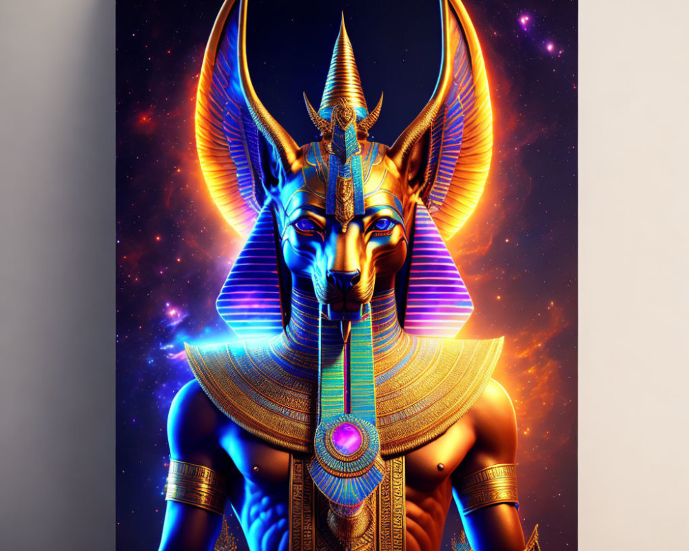 Stylized Anubis Canvas Print with Cosmic Background