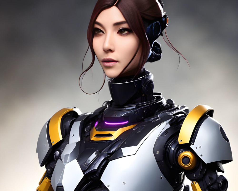 Female Android in Futuristic Armor Suit with Human Face and Headset
