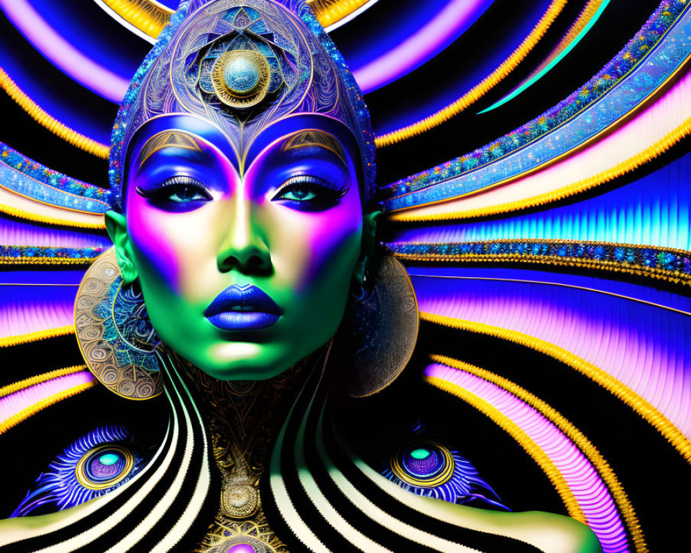 Colorful digital artwork of female figure with intricate headgear and makeup on swirling psychedelic background.