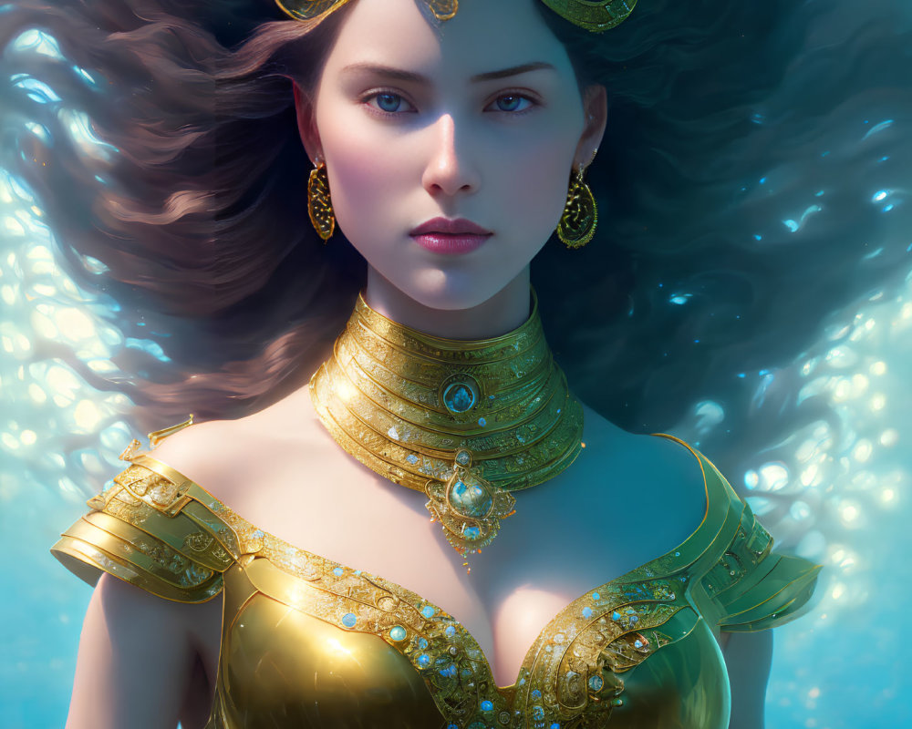 Digital art: Woman adorned in gold jewelry and crown, floating in water with dark hair spread out.