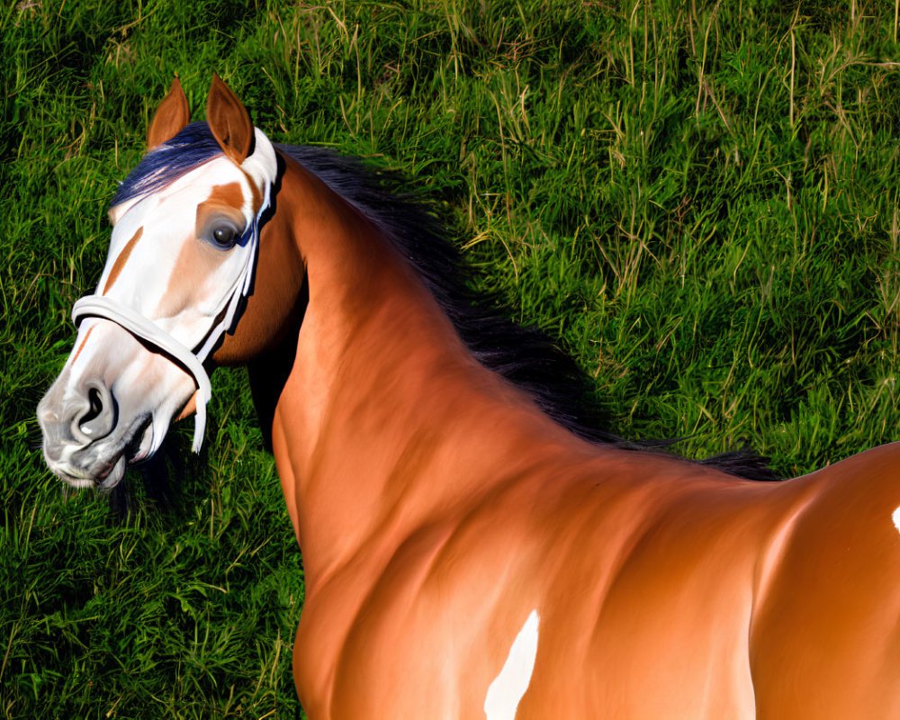 Brown and White Horse with Bridle Resting on Green Grass