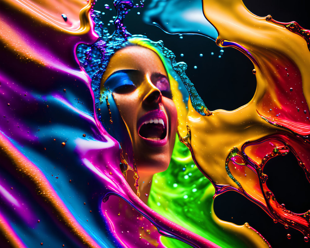 Colorful liquid splashes surrounding a person's face in vibrant composition