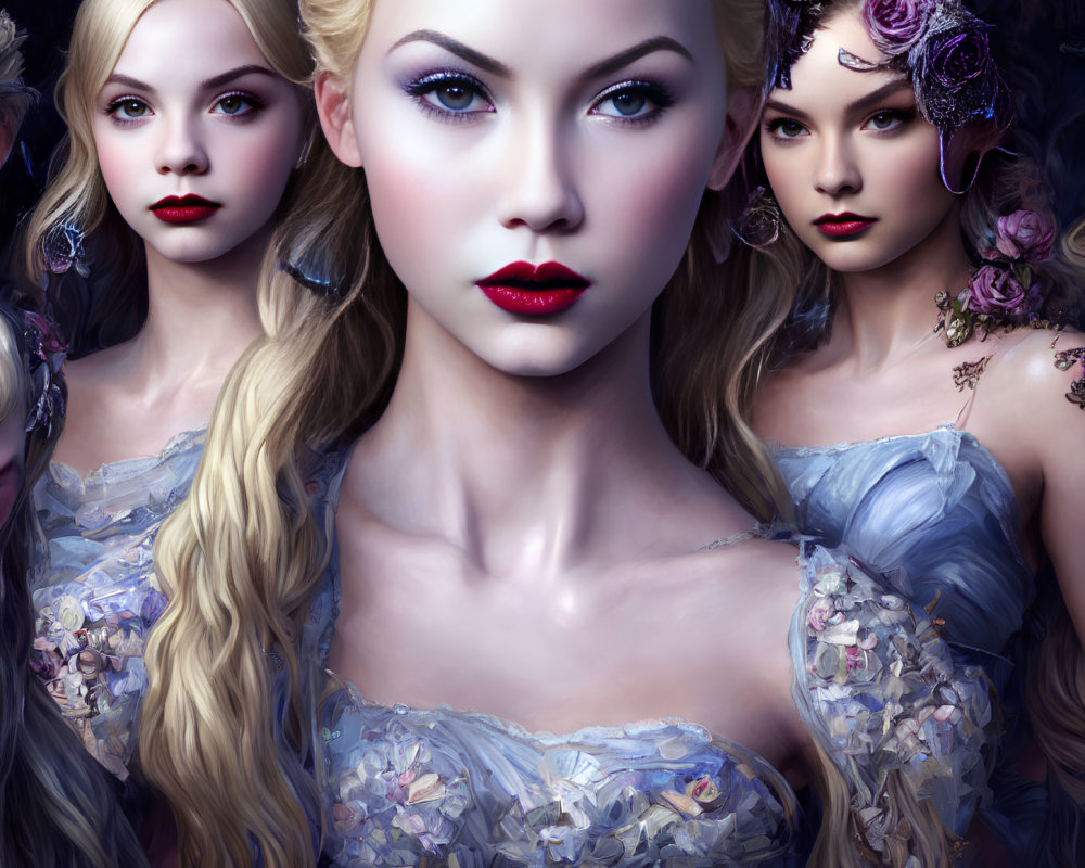 Ethereal women with pale skin and blond hair against dark backdrop