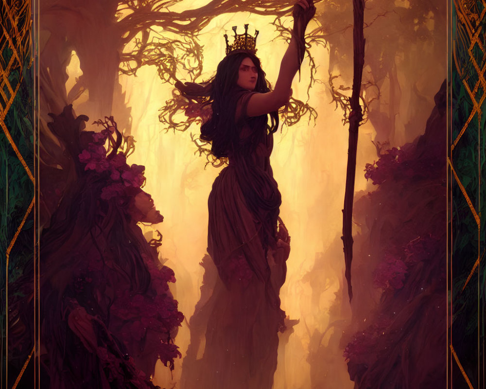 Regal woman with crown and scepter in enchanted woods.