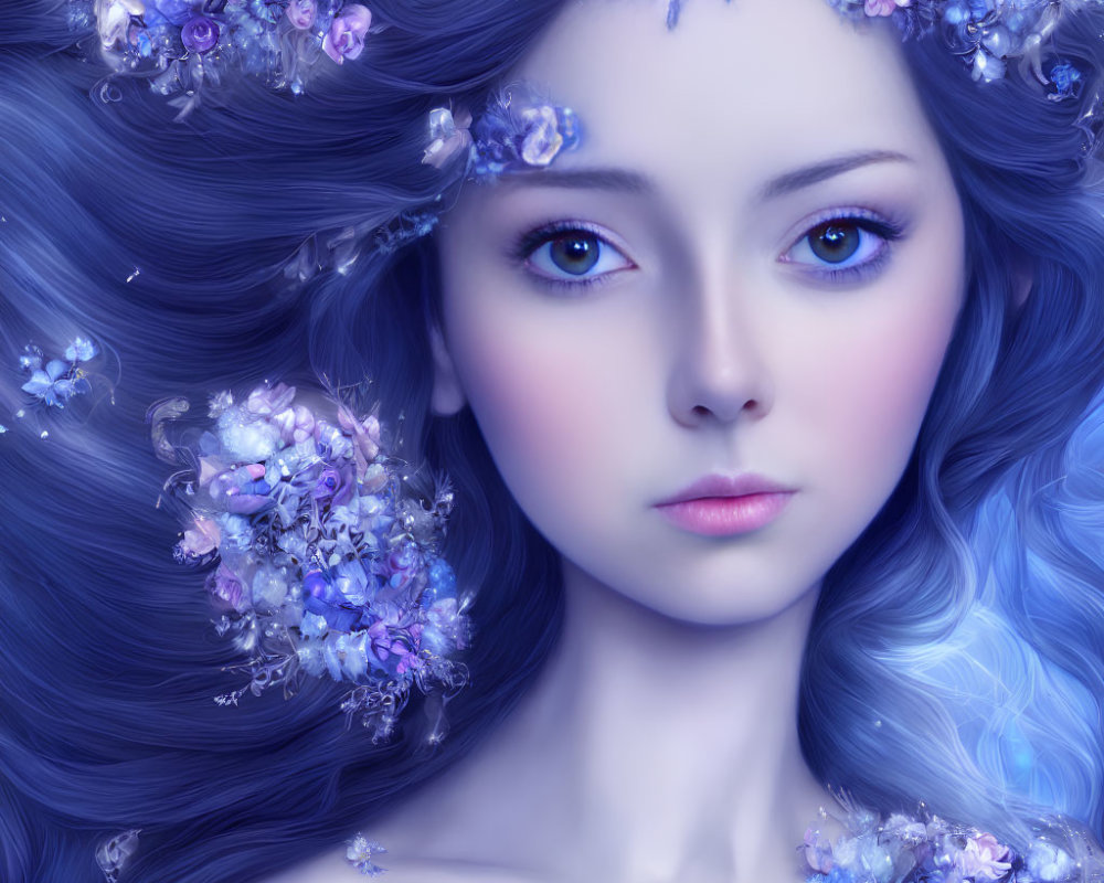 Portrait of woman with blue eyes, blue hair, flowers, and butterflies