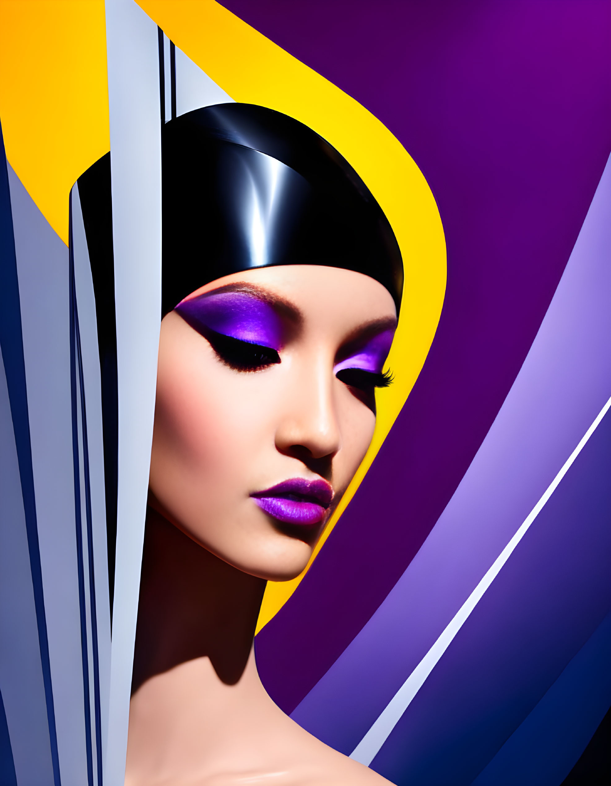 Portrait of a person with bold purple makeup and black headpiece against vibrant background