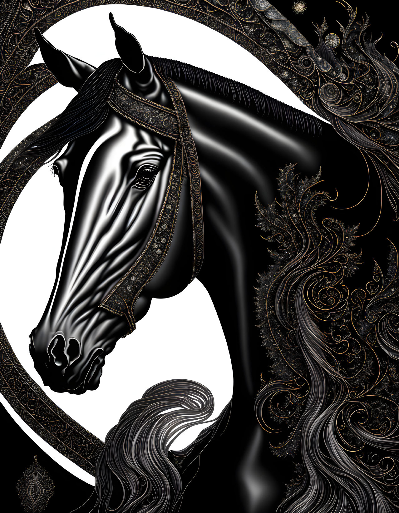 Black horse with gold-trimmed tack and flowing mane on dark background