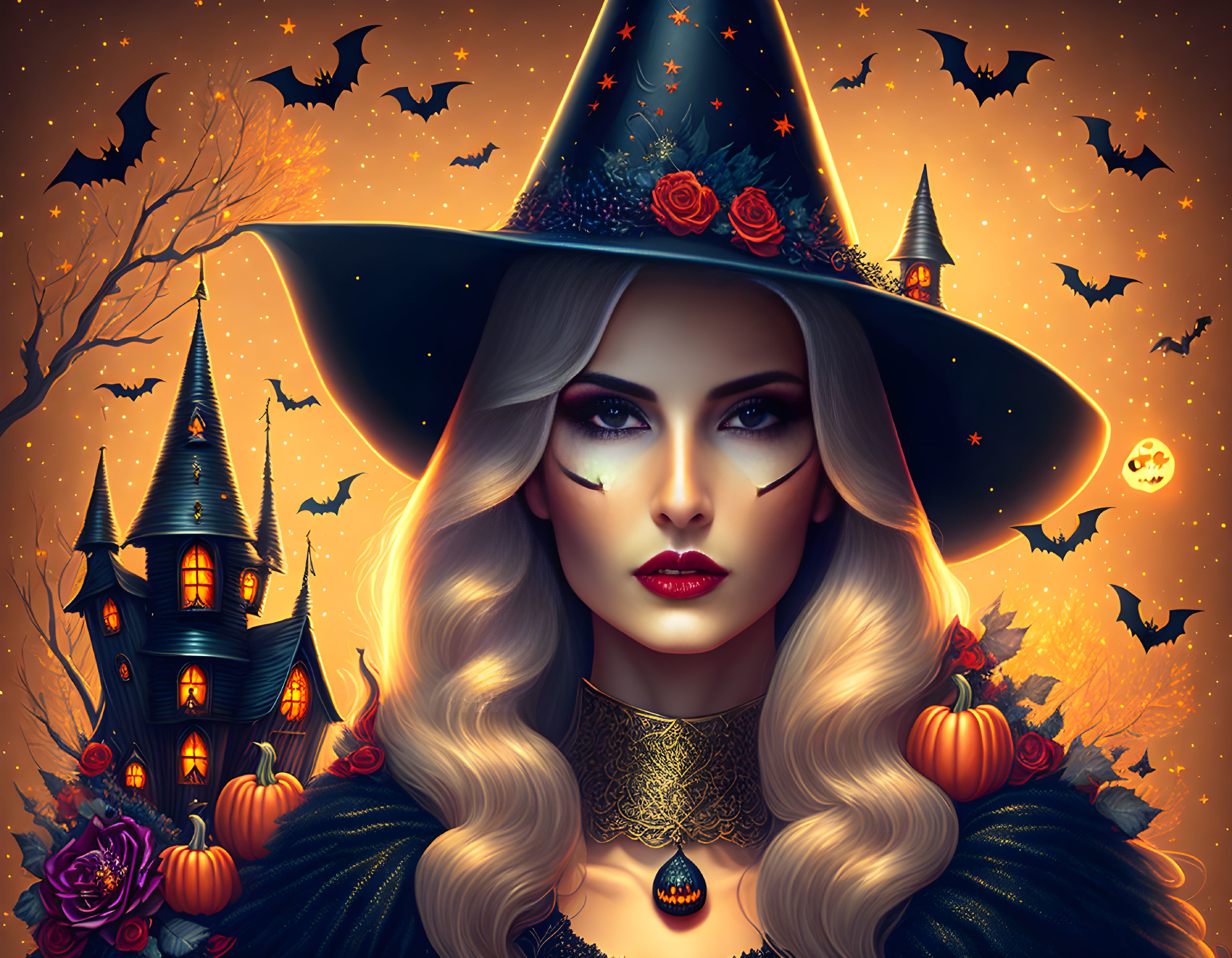 Digital artwork of a witch in Halloween theme with bats, castle, pumpkins