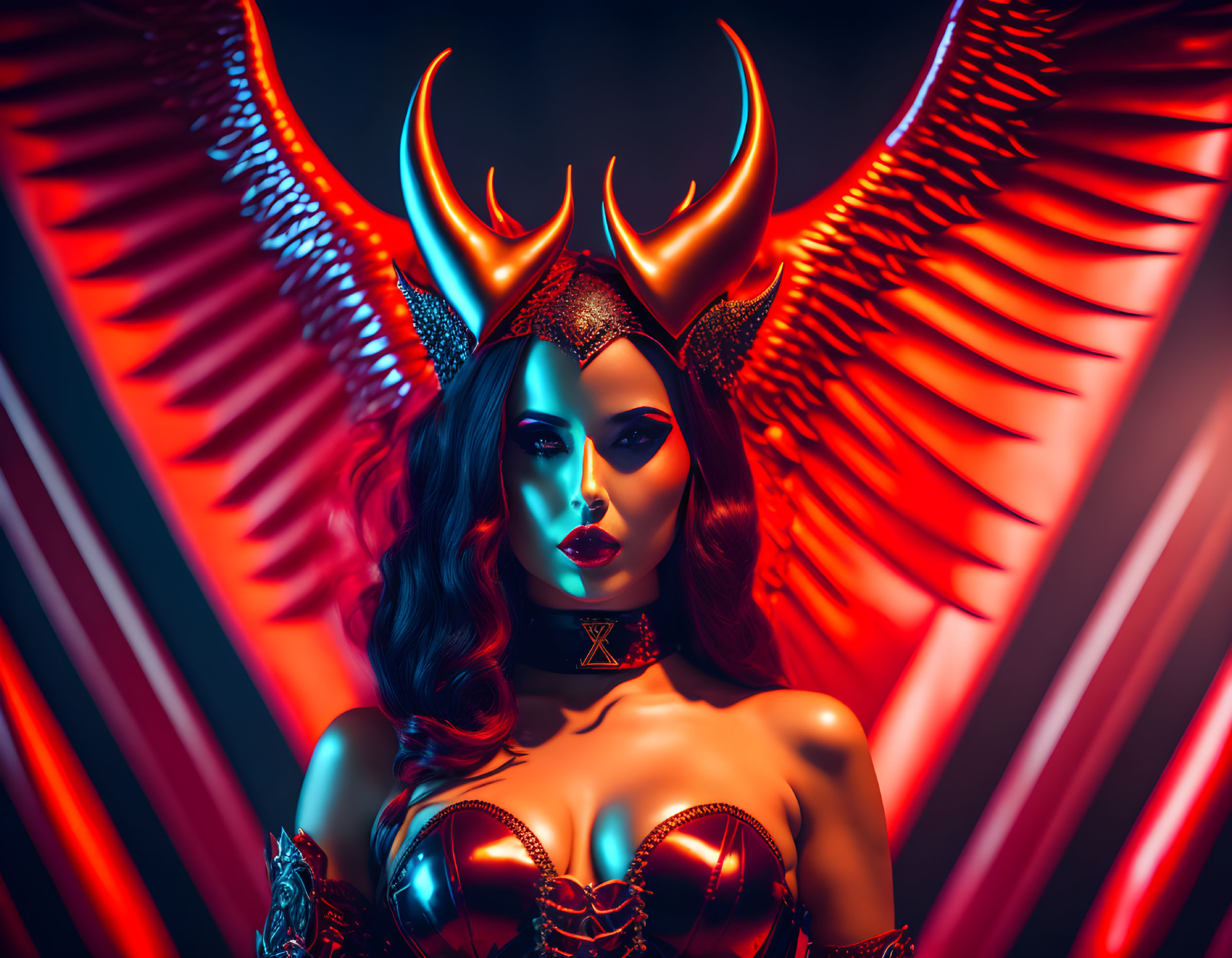 Woman with Devil Horns, Glowing Eyes, Angel Wings in Neon-lit Setting