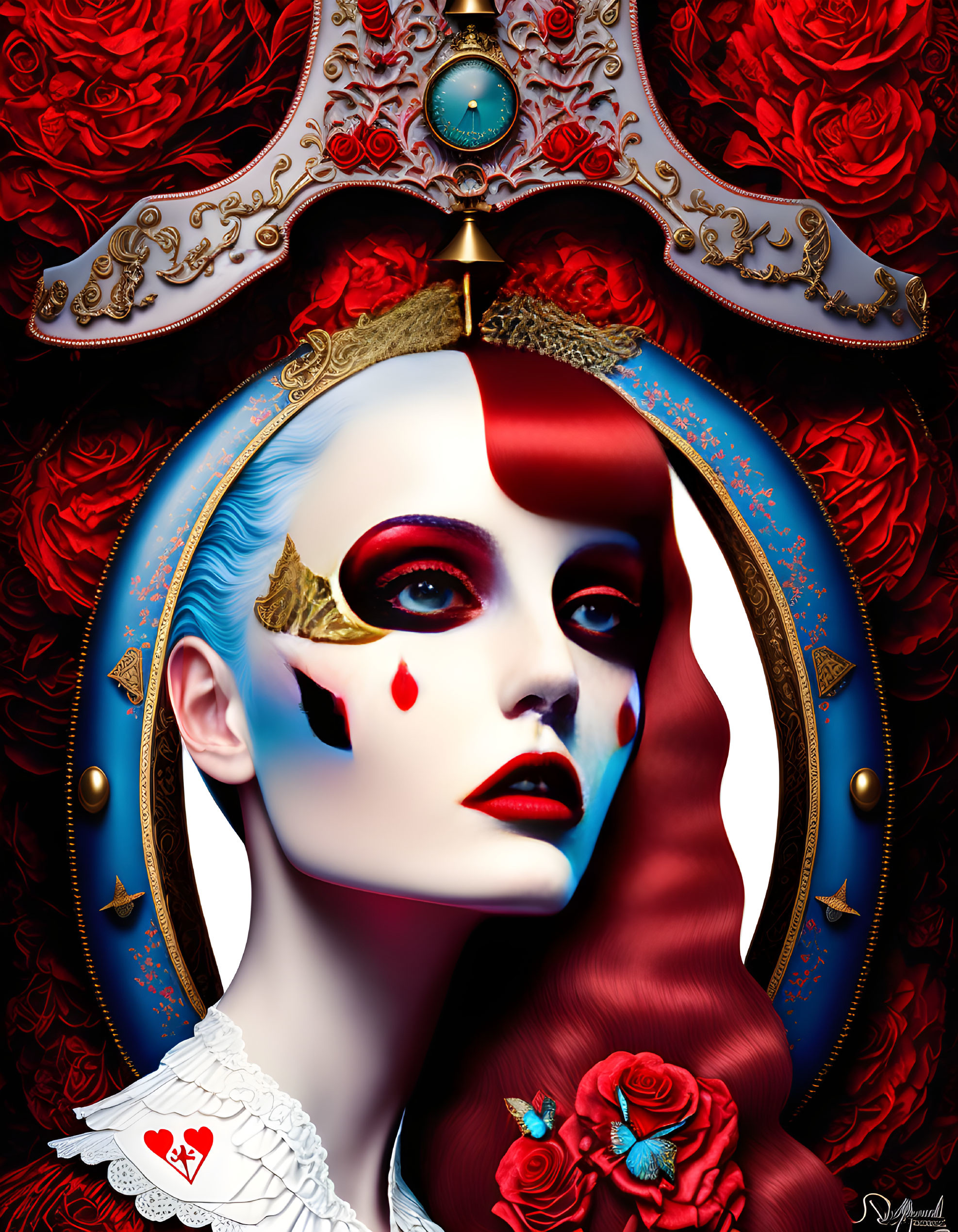 Surreal portrait of woman with theatrical makeup and card suit motifs framed by gothic border, roses