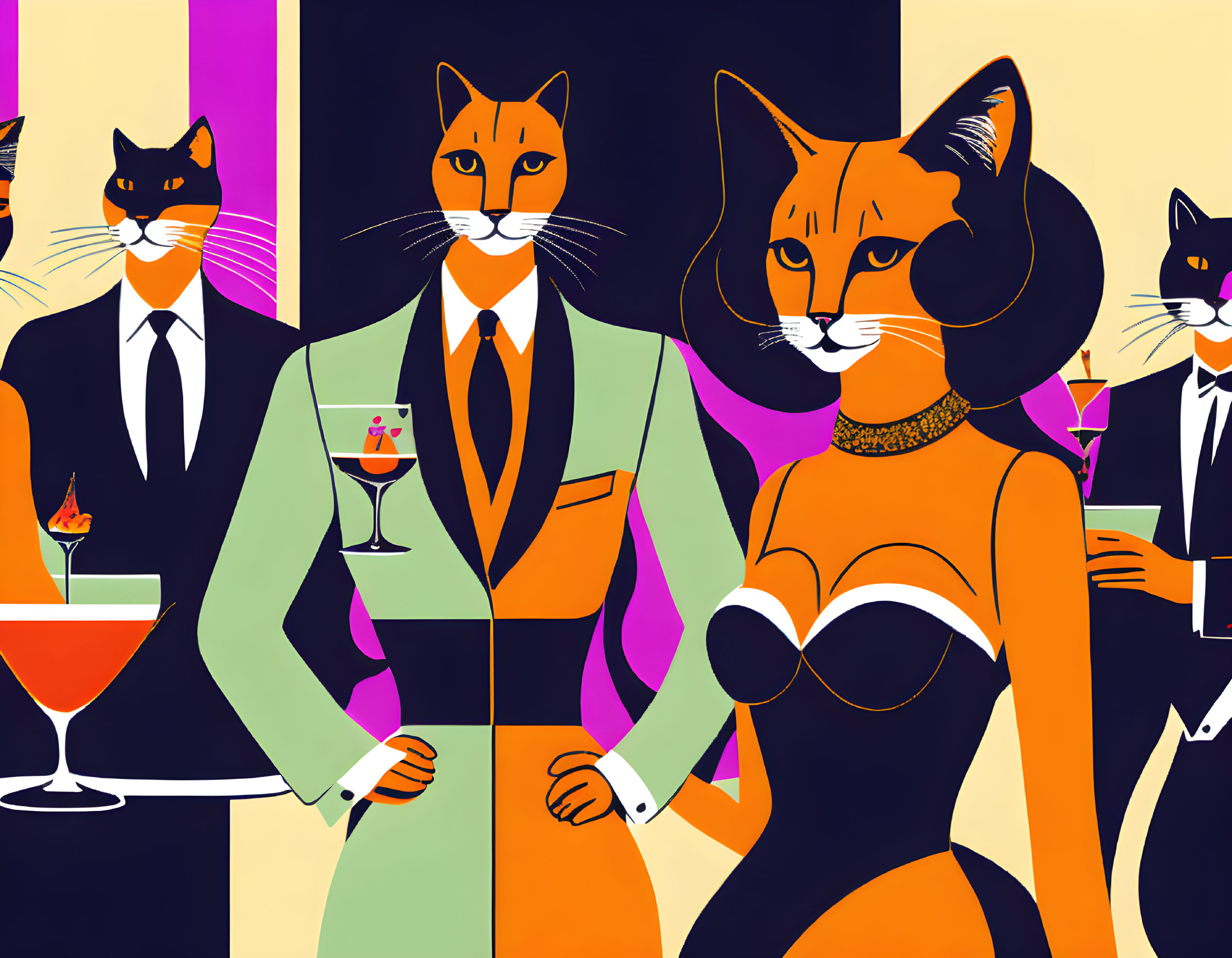 Anthropomorphic cats in formal attire socializing with colorful cocktails