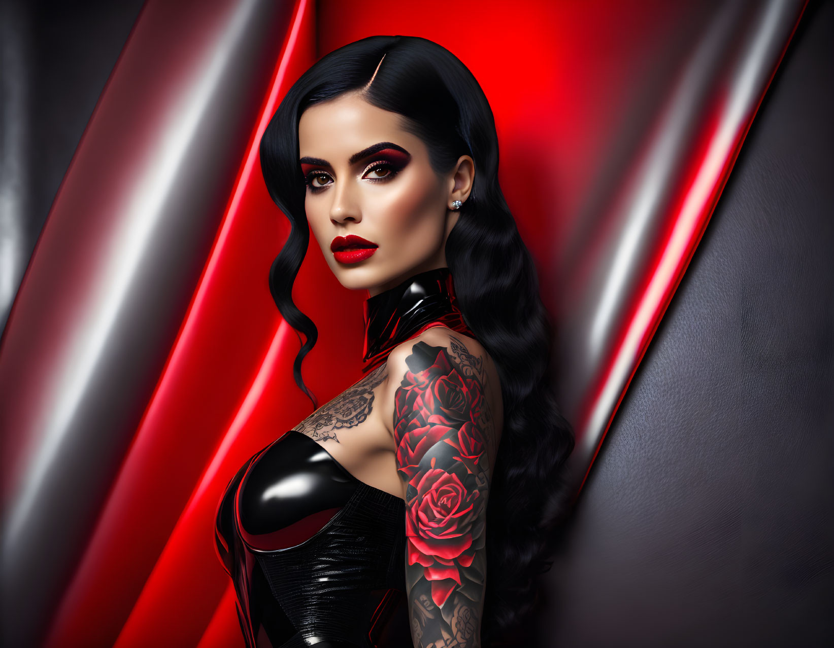 Digital artwork featuring woman with tattoos against red and black background