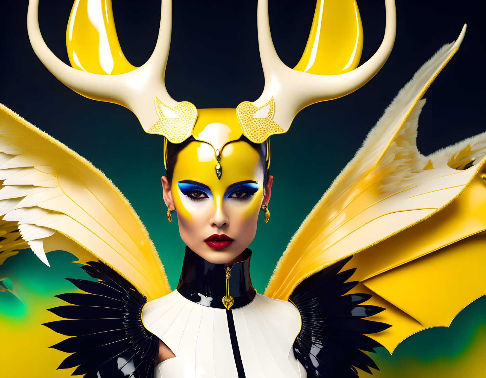 Woman with Avant-Garde Makeup and Fantastical Costume on Blue and Yellow Background