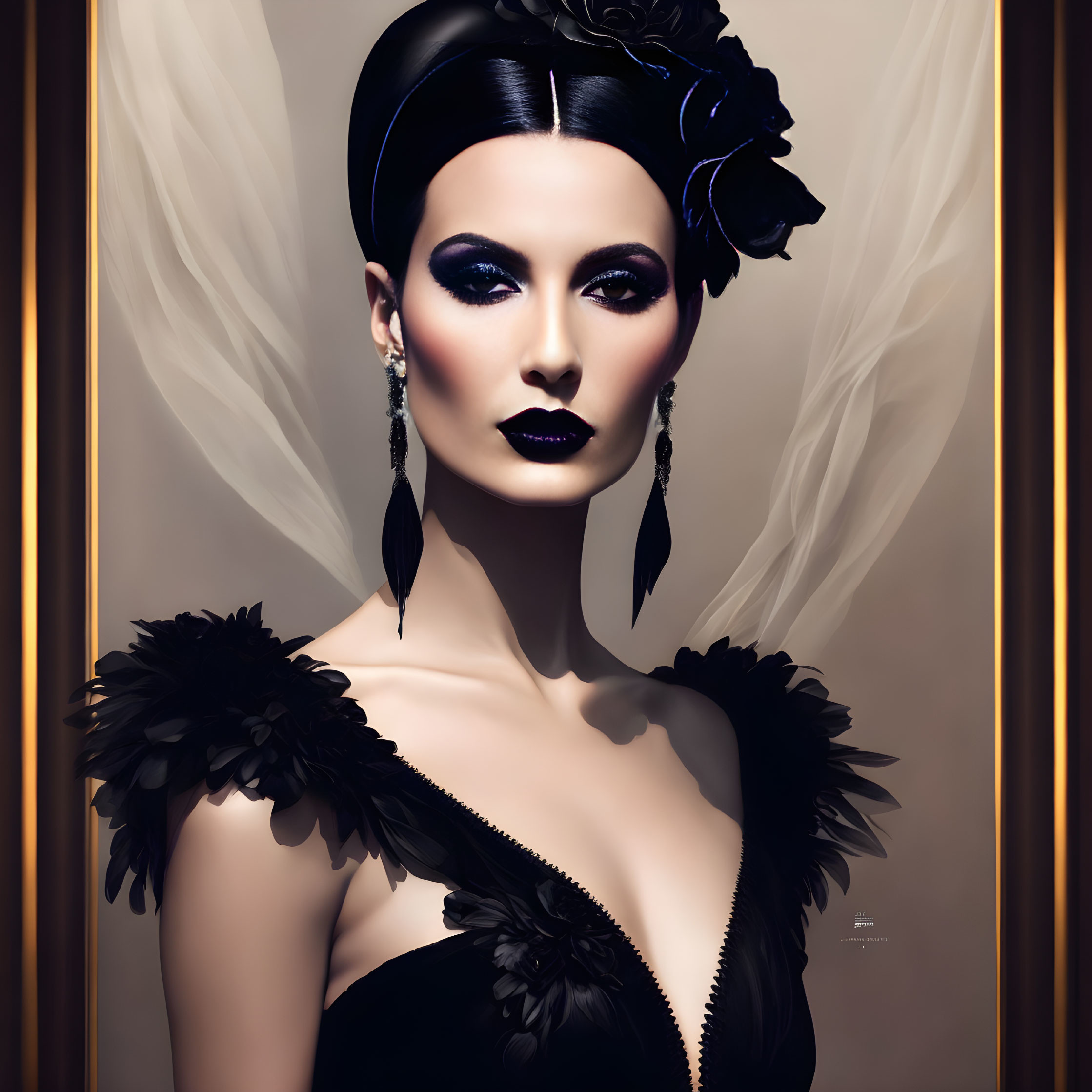 Fashion portrait of woman in black feathered dress with dark makeup and floral hair accessory