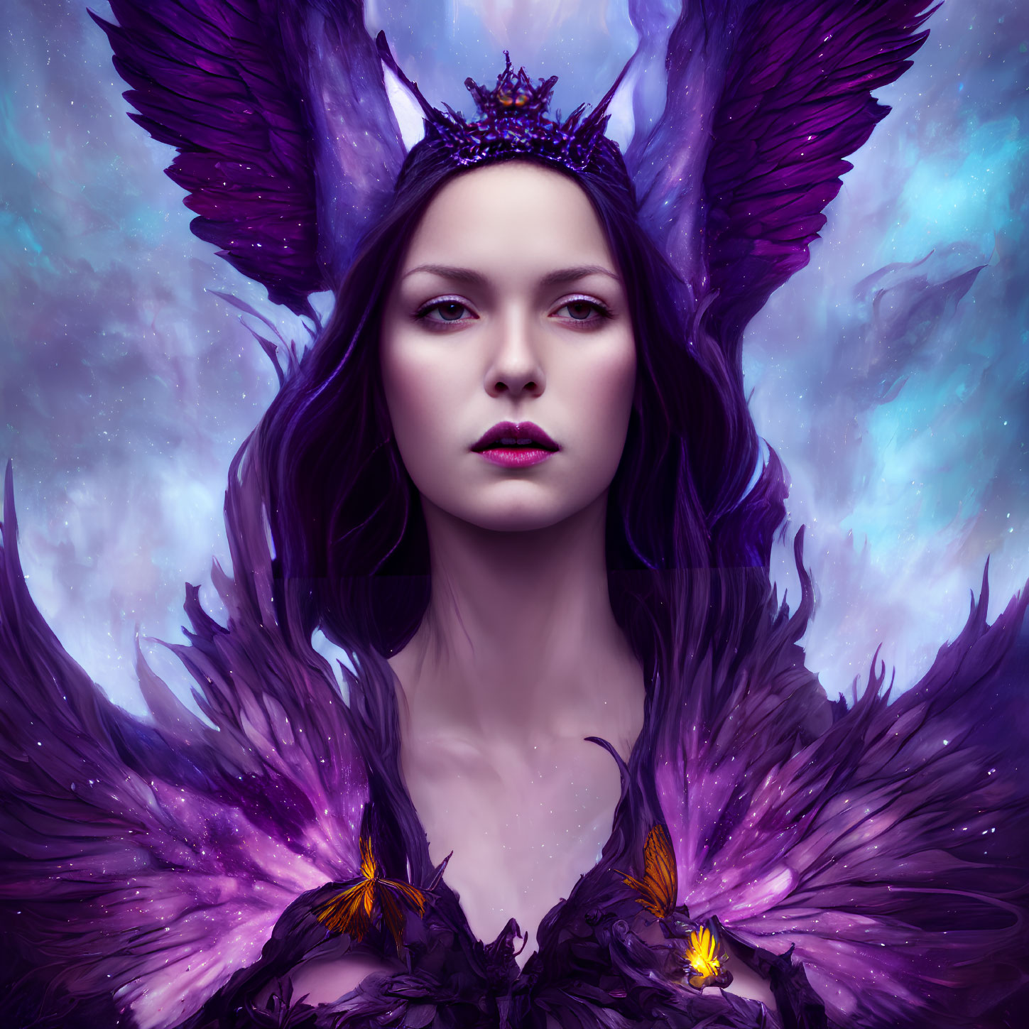 Regal woman with purple feathered wings and crown in mystical violet backdrop