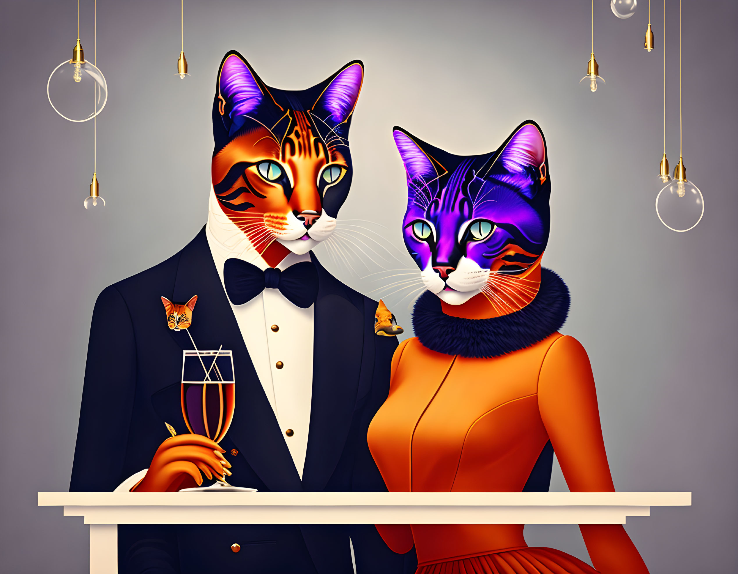 Anthropomorphic cats in formal attire on balcony with champagne glass