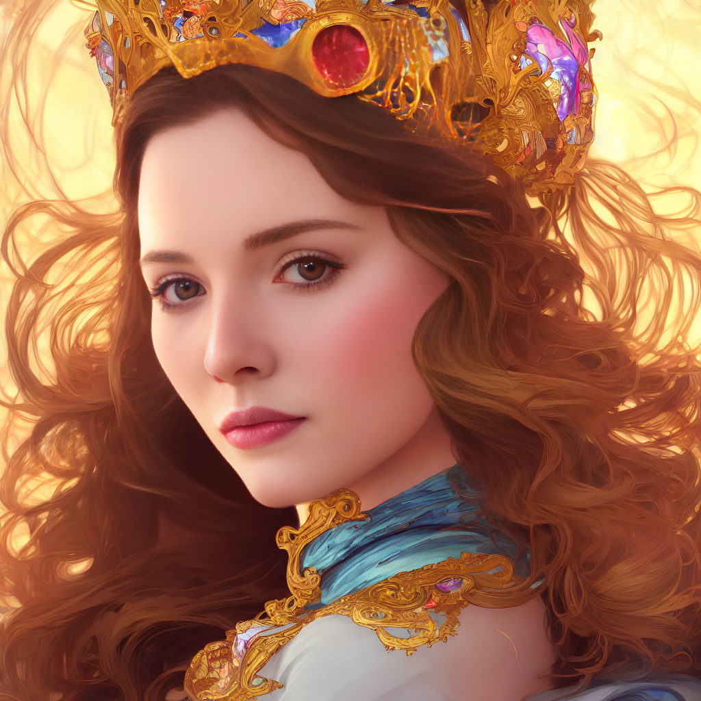 Auburn-haired woman wearing gold crown with red gemstones