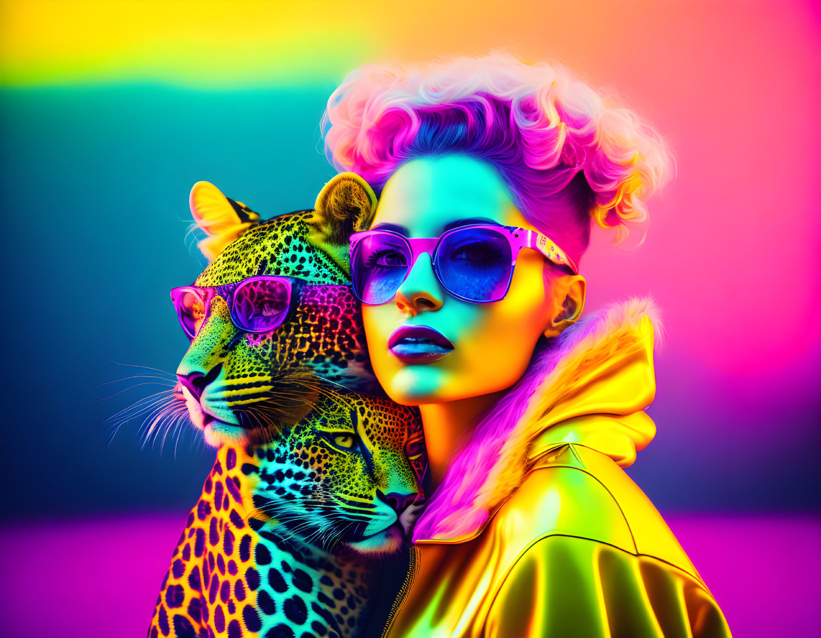 Woman and leopard with matching glasses on vibrant multicolored background