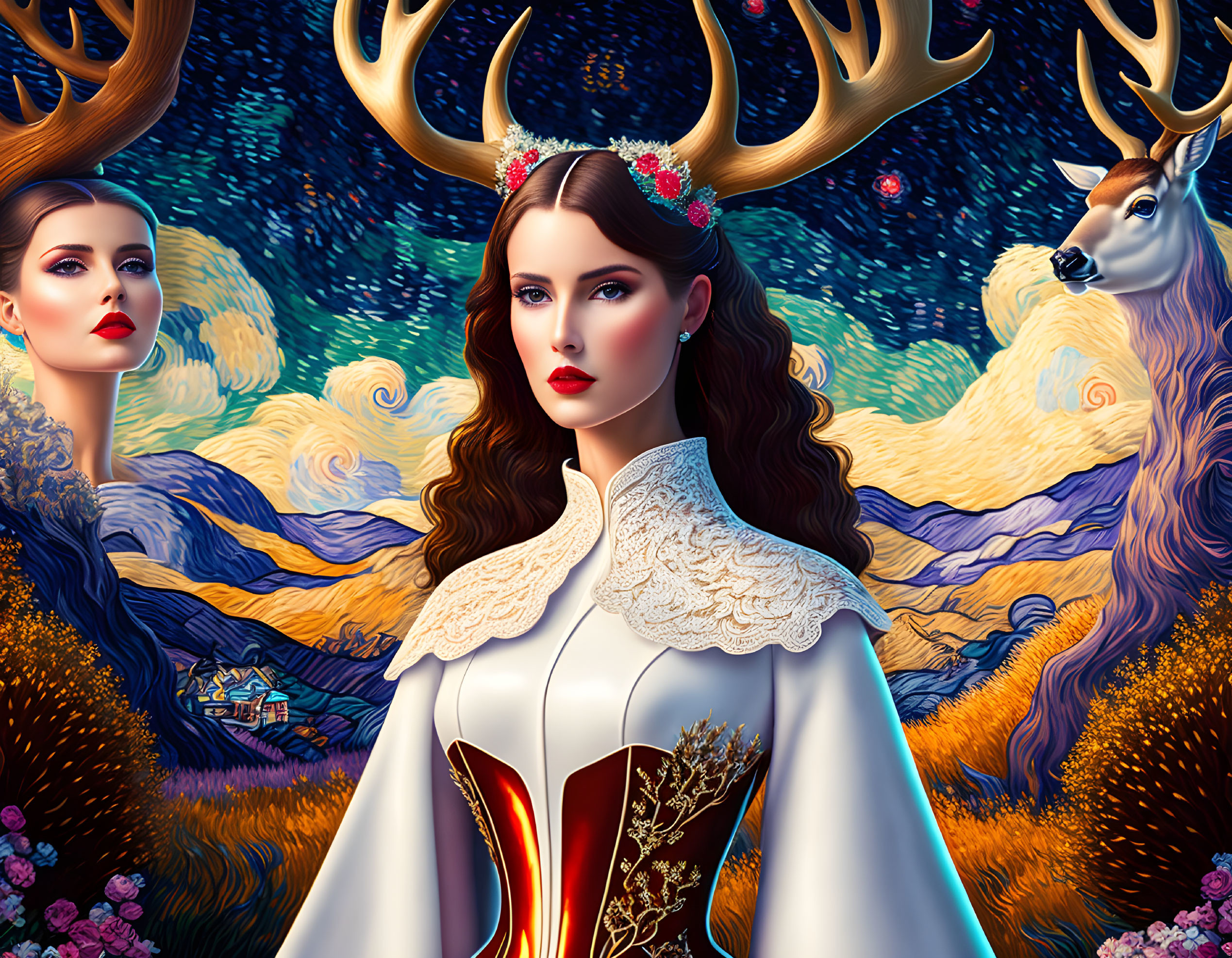 Regal woman in white cloak and crown with deer in surreal nature under starry sky