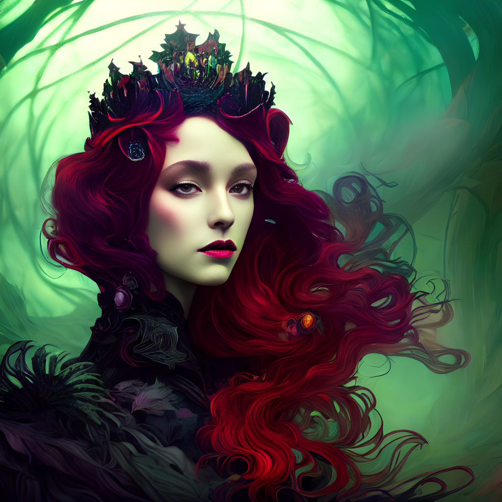 Vibrant red hair woman portrait with dark crown on mystical green background