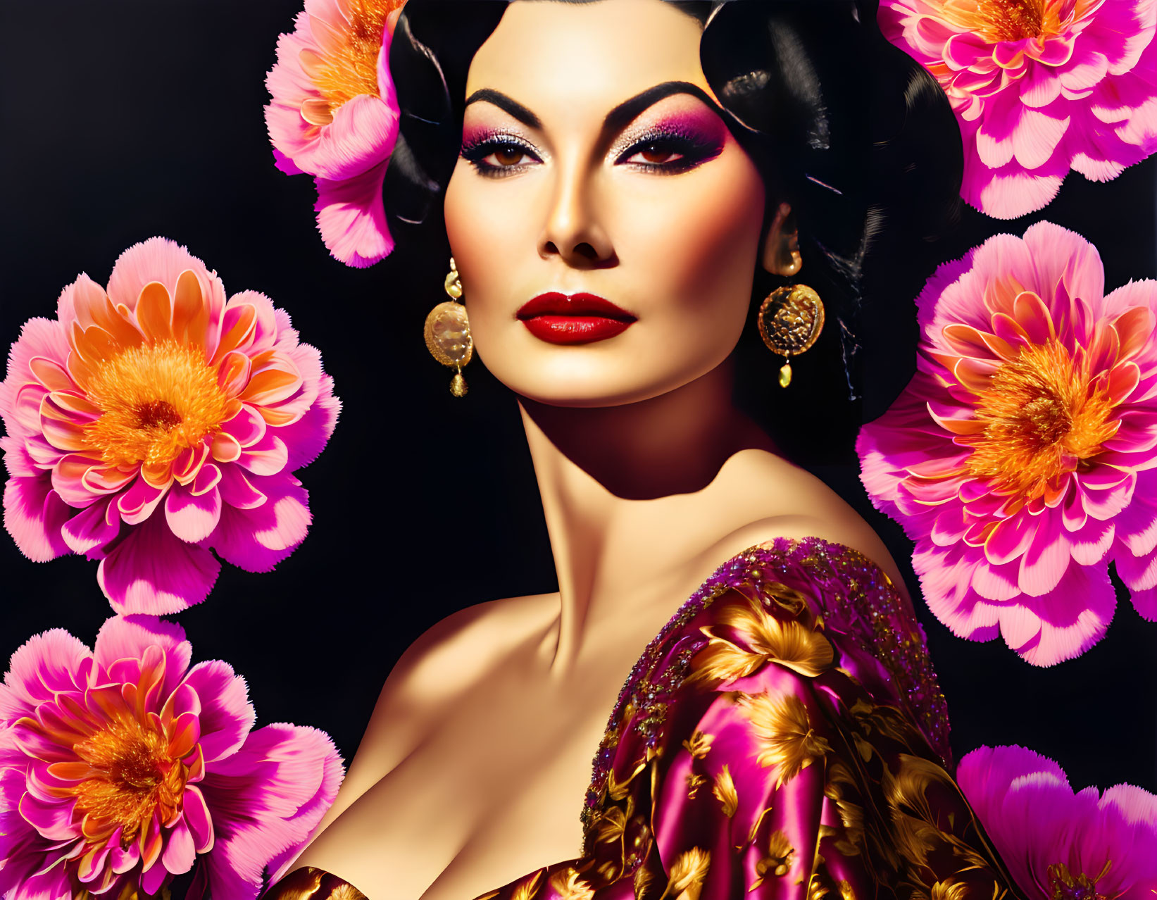 Stylized portrait of woman with dramatic makeup and hair, gold earrings, pink flowers on black background