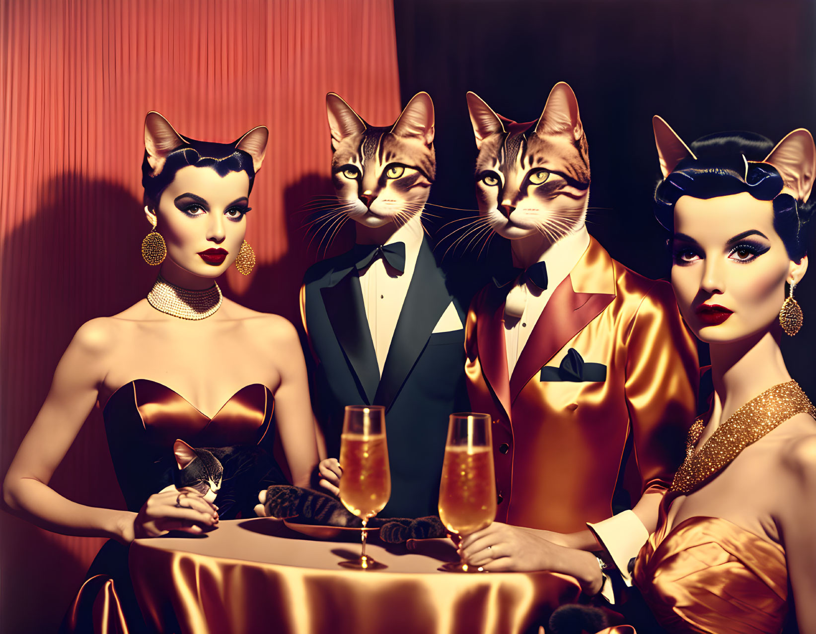 Elegantly Dressed Anthropomorphic Cats at Luxurious Dinner