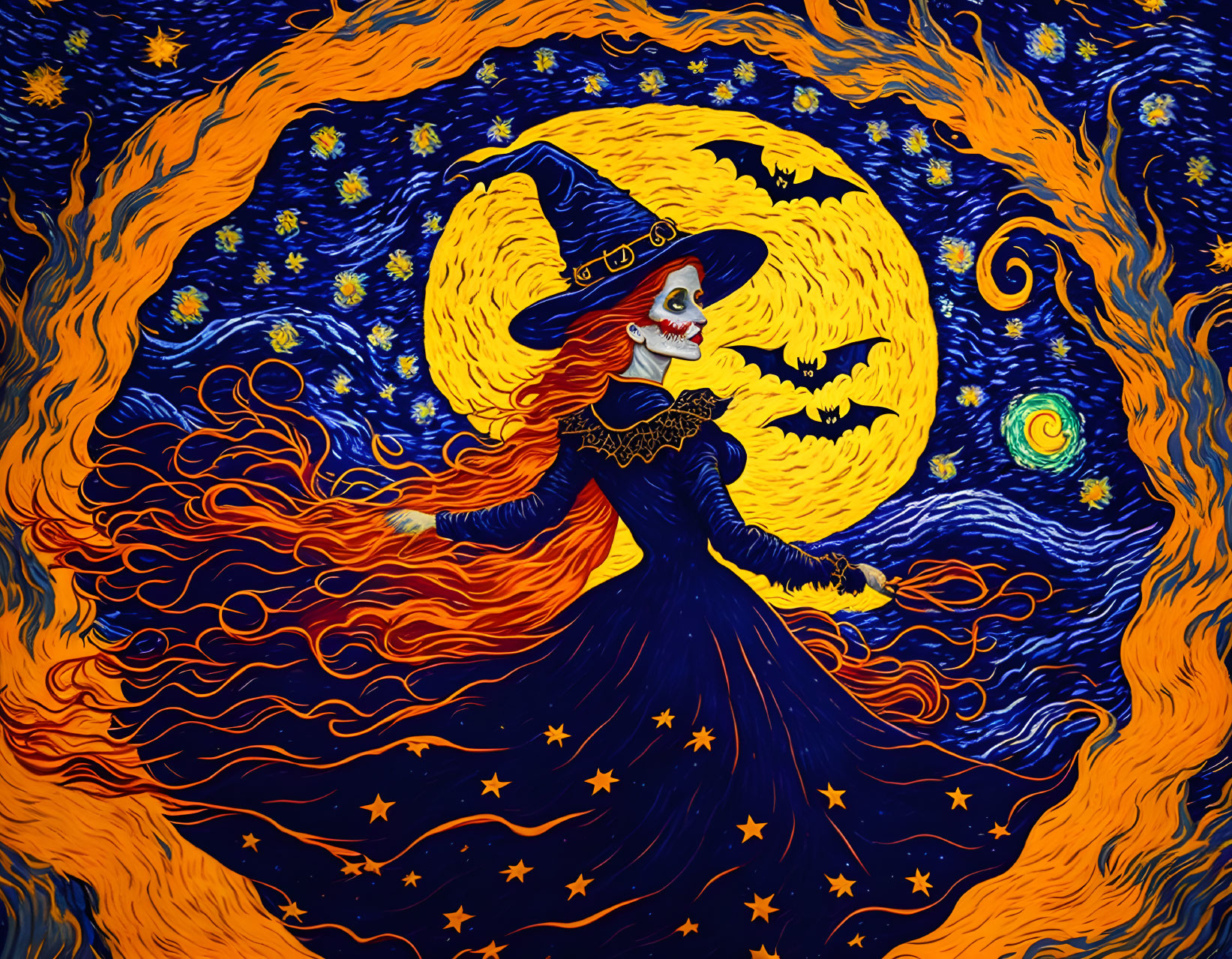 Illustration: Witch on broomstick under full moon with fiery orange hair