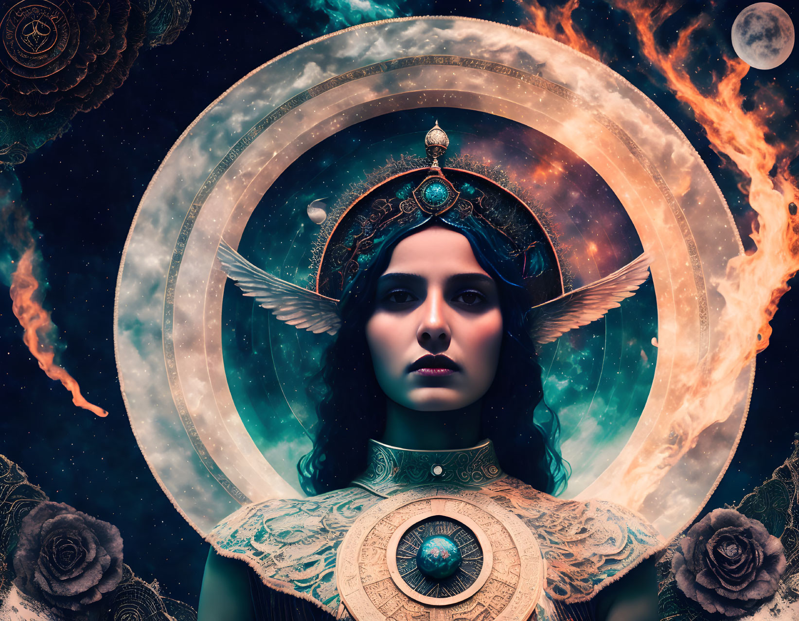 Surreal portrait of woman with cosmic-themed accessories and celestial background