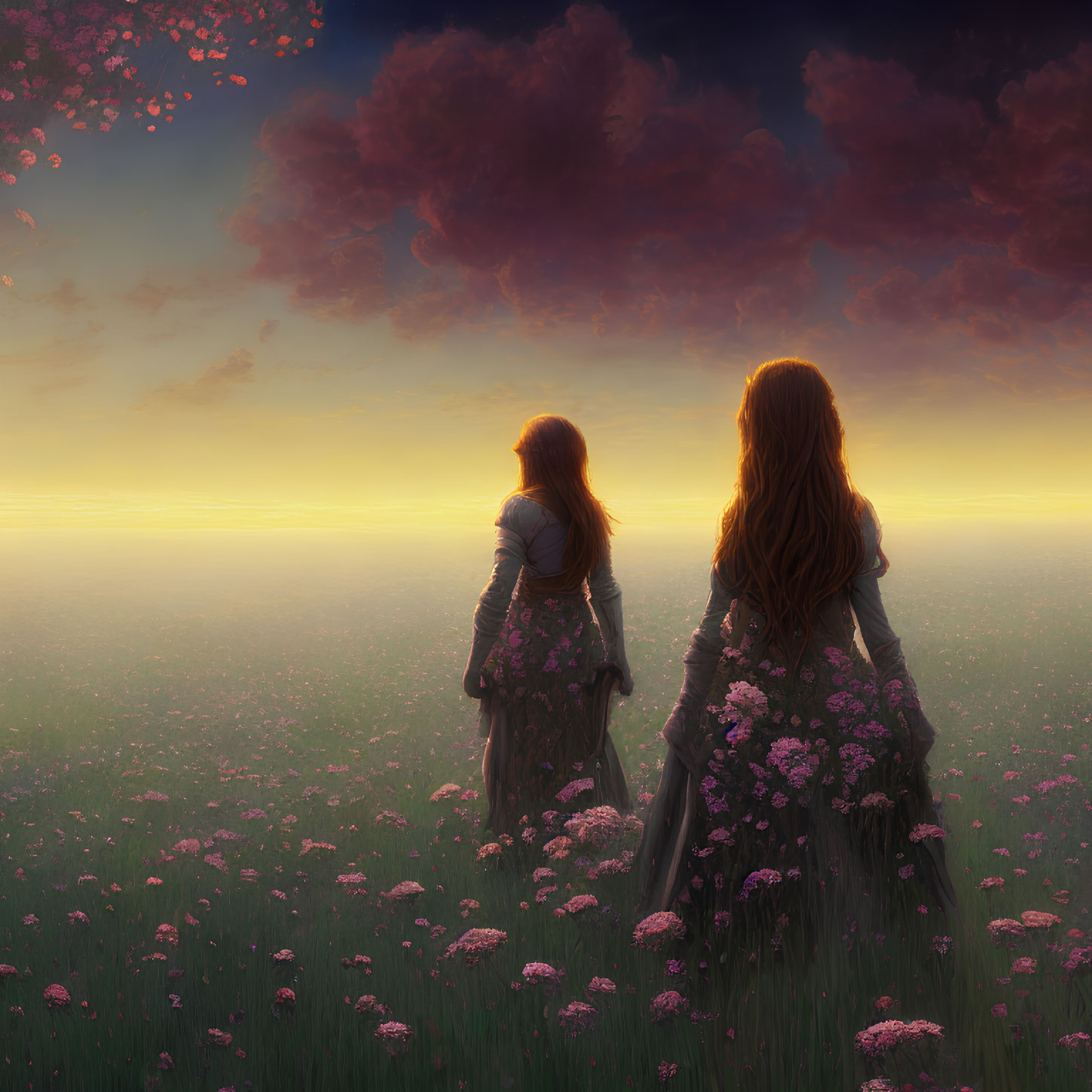 Two Women in Medieval Dresses in Flower Field at Sunset