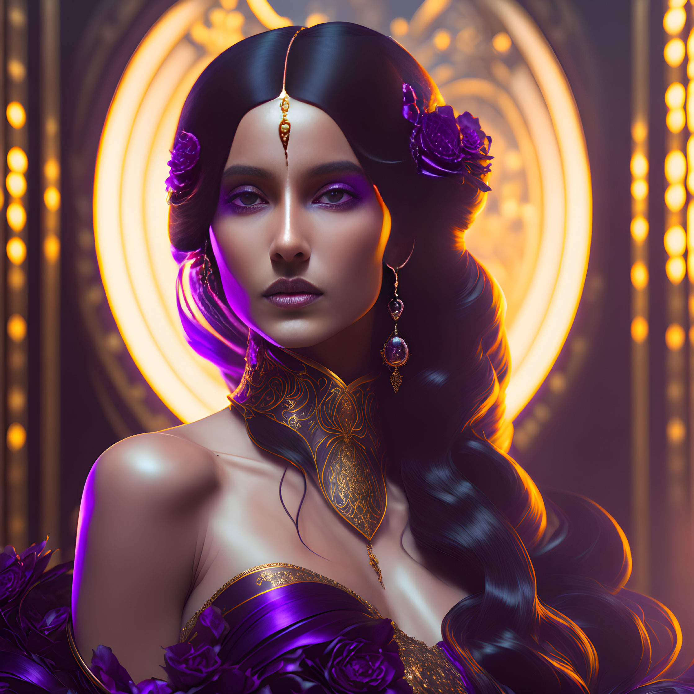 Violet-eyed woman with gold jewelry and body art in radiant golden circle setting