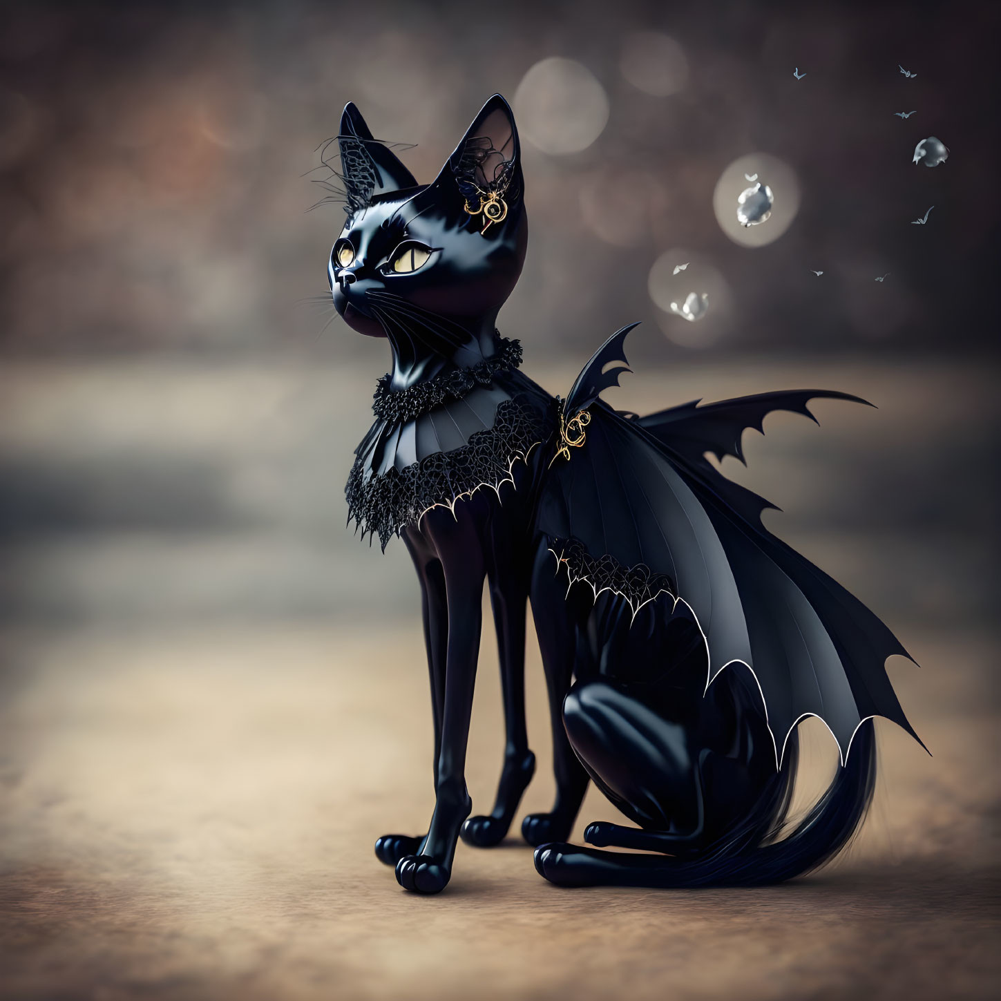 Stylized black cat with bat wings in gothic attire on blurred background.