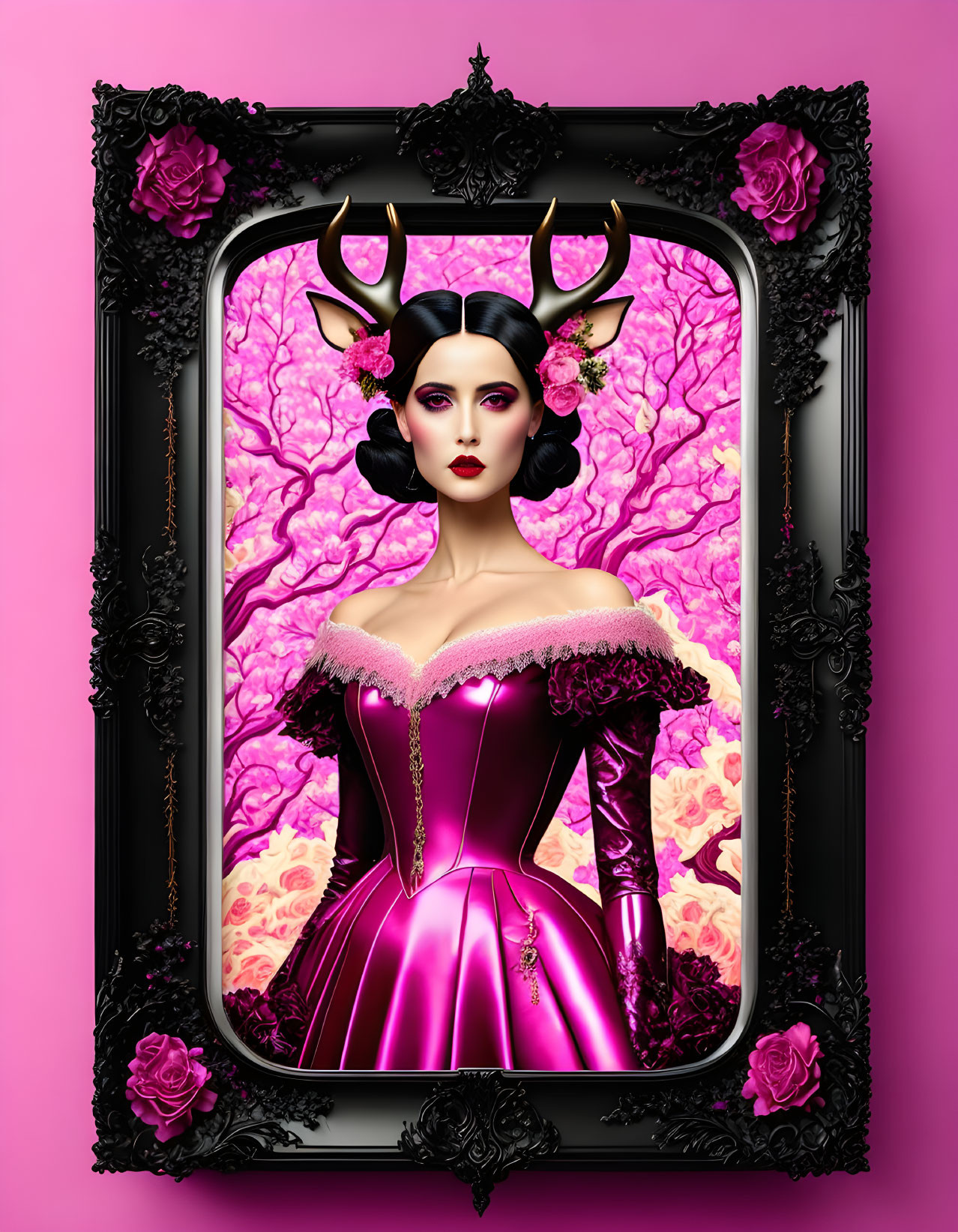 Gothic-style digital art: Woman with antlers in purple corset dress, framed by black