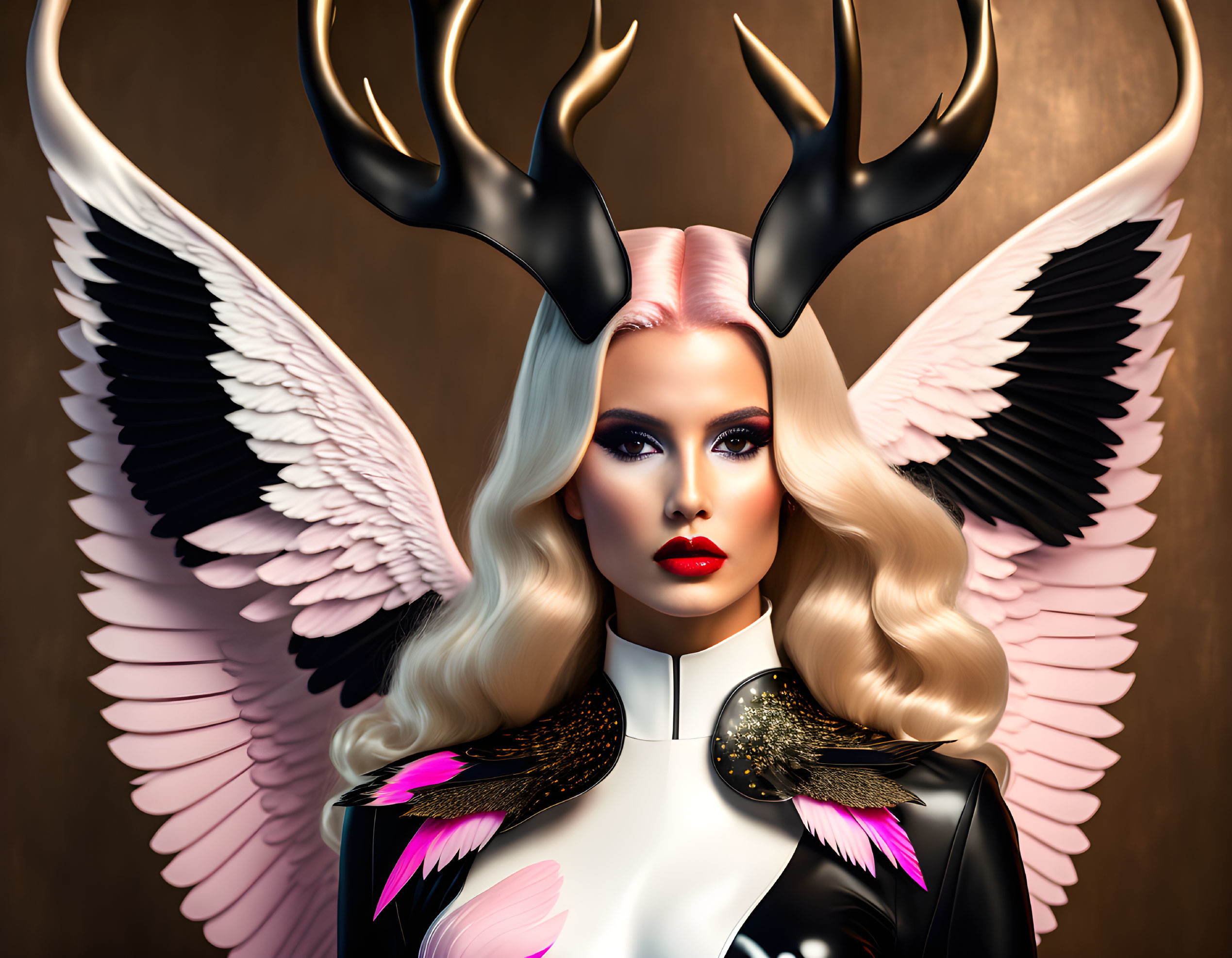 Stylized portrait of woman with antlers, dramatic makeup, and white wings on golden backdrop