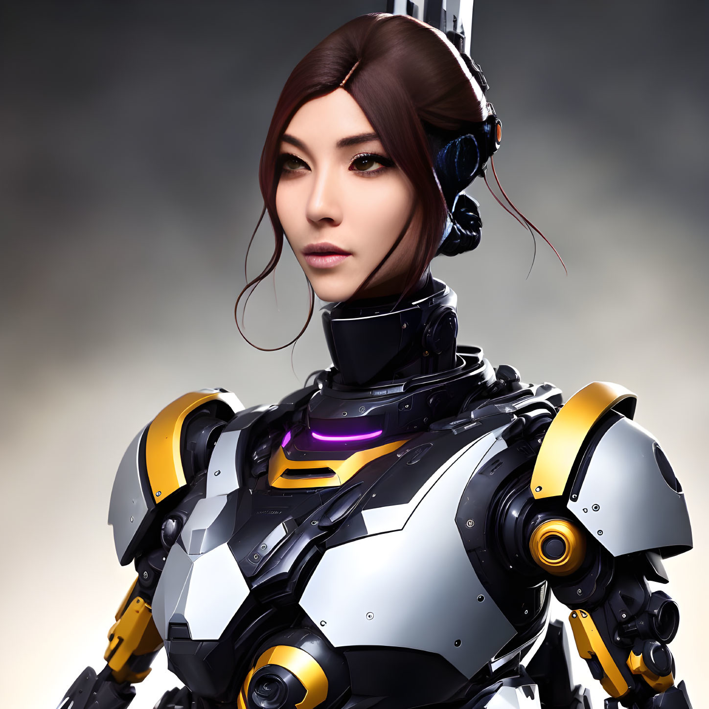 Female Android in Futuristic Armor Suit with Human Face and Headset