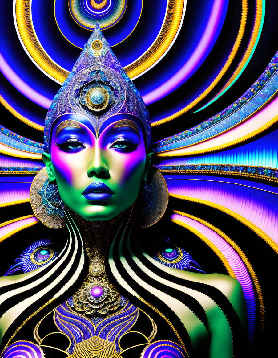 Colorful digital artwork of female figure with intricate headgear and makeup on swirling psychedelic background.