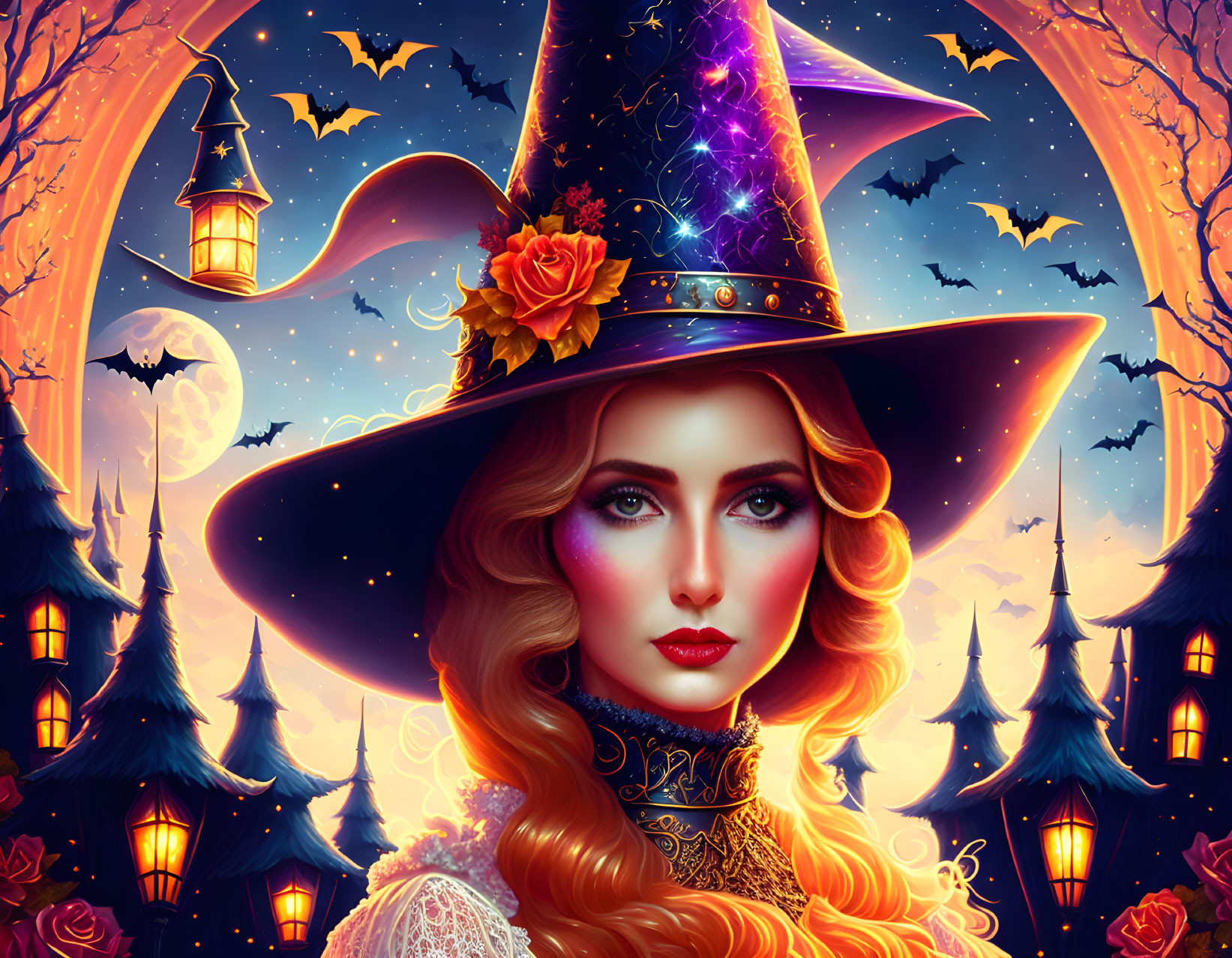 Digital illustration: Woman in witch costume with galaxy hat in Halloween scene.