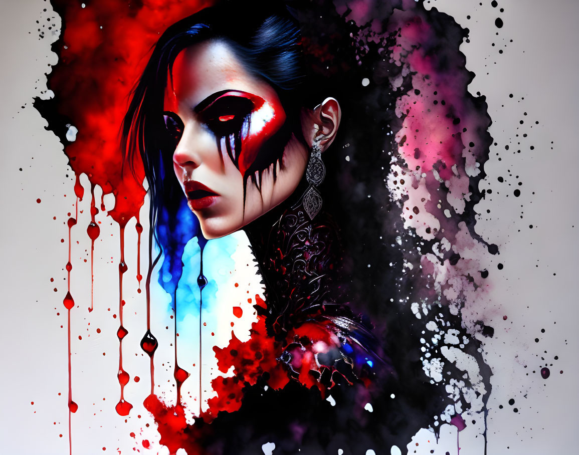 Colorful artwork of woman with black neck design and red mask-like pattern on eye against splattered red