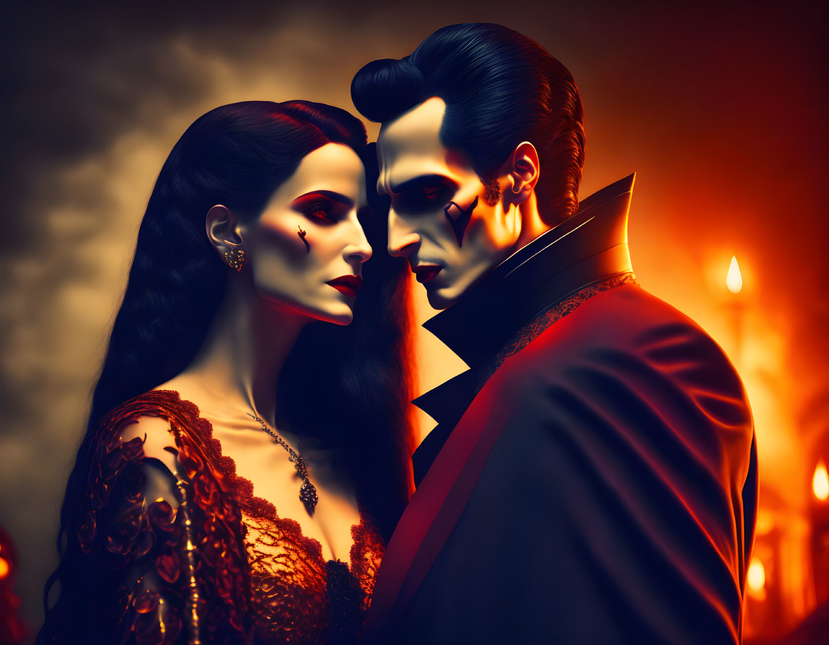 Stylized gothic vampire characters in candlelit setting