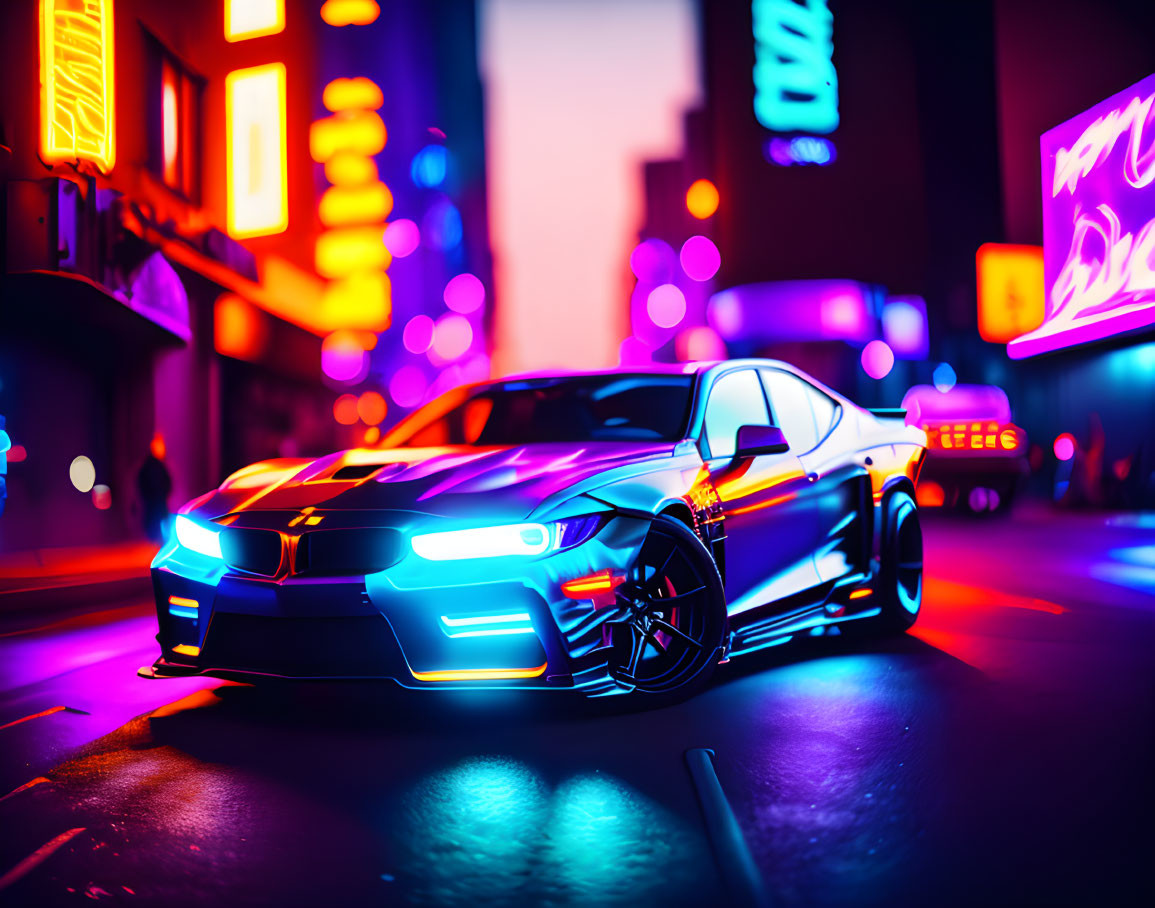 Vibrant neon-lit sports car parked on city street at night